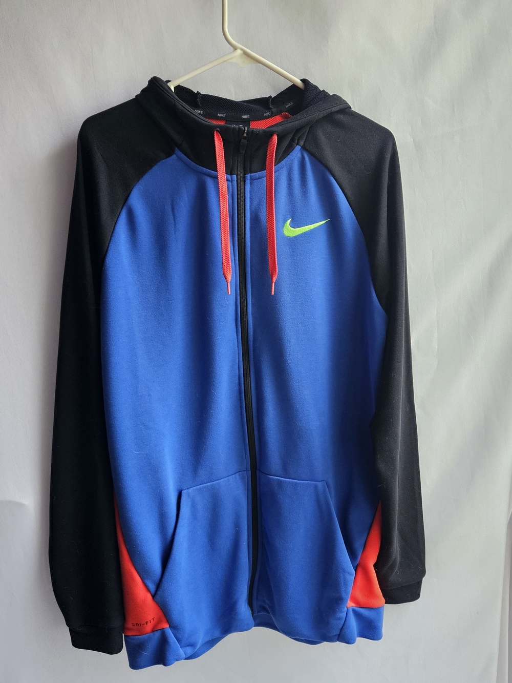 Nike Men’s Red, Blue & Black Full-Zip Performance Hoodie with Neon Green Swoosh